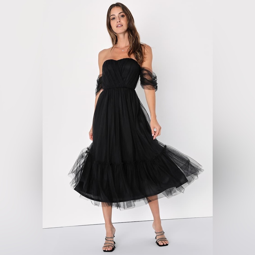 Lulu's Black Strapless Tulle Midi Dress